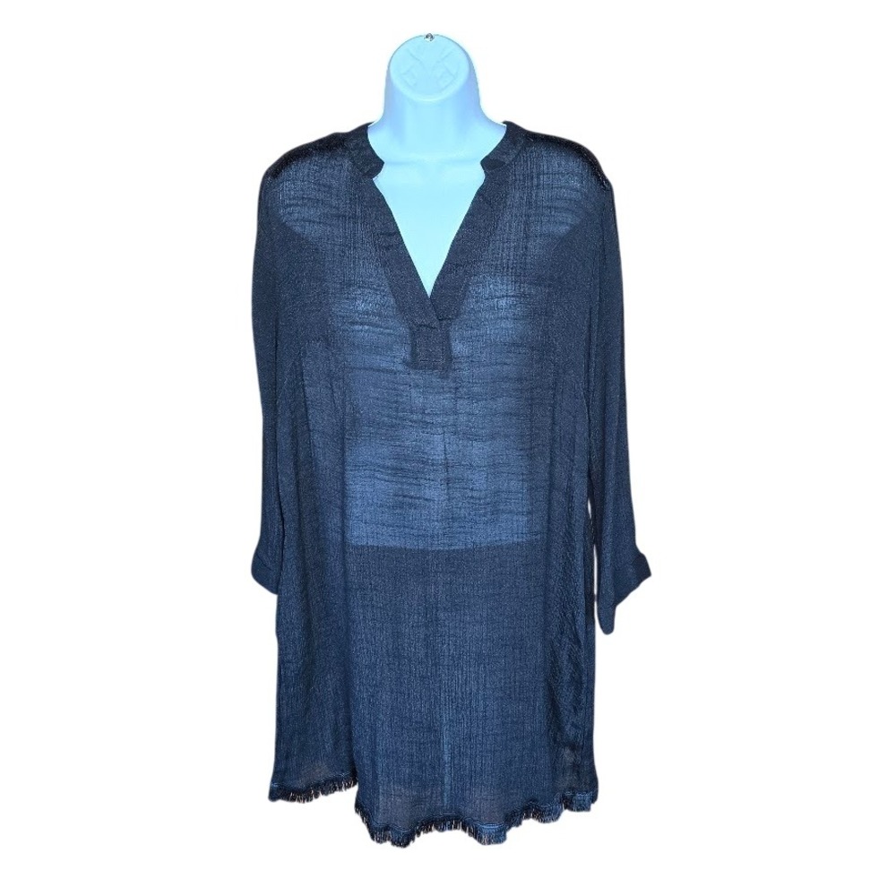 LuLaRoe Black Crinkle Gauze Tunic Fringe V-Neck Pocket Top Womens M Swim Cover